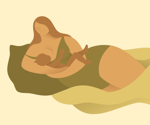 Breastfeeding mother holding baby in arms. Nurturing closeness, motherhood illustration.